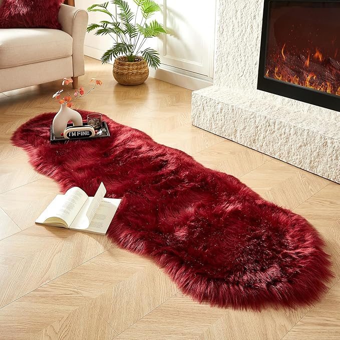 AMTOVO Faux Sheepskin Rug, Burgundy Ultra Soft Fluffy Shag Area Rug, 2 x 6 ft Faux Fur Rug for Bedroom Sofa Throw Cushion Room Decor, Sheepskin