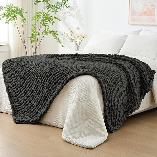 Bigacogo Chunky Knit Throw Blanket for Couch, 51x63 inches, 100% Hand Knitted with Thick Jumbo Chenille Yarn, Cozy Soft Large Rope Knot Cable Crochet Blankets for Sofa Bed Living Room, Dark Grey