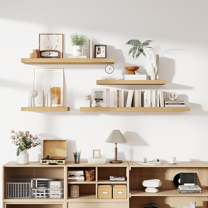 24 Inch Floating Shelves, 12 Inch Deep Floating Shelves for Wall, Floating Shelf with Invisible Brackets, Deep Shelves for Bathroom, Bedroom, Living Room, 2 Pack, Natural