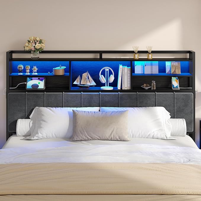 Headboard with 3-Tier Storage Shelves, Velvet Upholstered Head Board with 2 Outlets, USB Ports & LED Light, Soft Backrest for King Size Bed, Black BH19404B