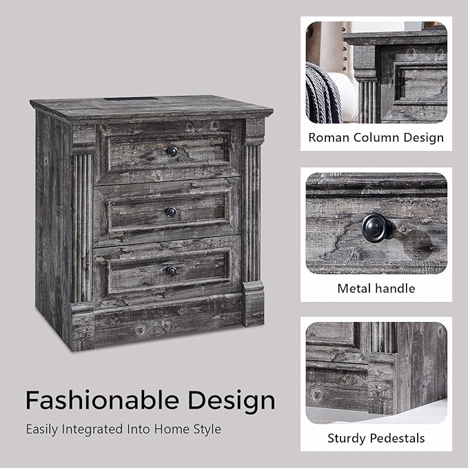 26" Tall Farmhouse Nightstand Set of 2, 3 Drawers End Table w/Charging Station, 23.6" Wide Large Side Table w/Roman Column, Wood Rustic Sofa Table for Bedroom, Light Gray