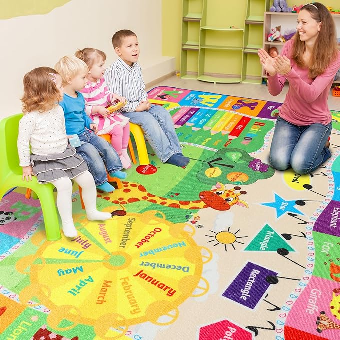 7x10 Playroom Rugs for Kids Washable, Educational and Fun Playmat with ABC Alphabet Animals Shapes Colors, Non-Slip Play Mat Learning Rugs for Baby Toddler Children Game Activity