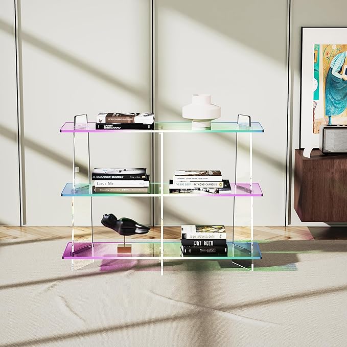 Acrylic Bookshelf, Small 3 Tier Open Bookcase for Small Spaces,Sofa Table, Hallway Entry Table for Home Living Room (Iridescent, 39.4" x 11.8" x 31.5)