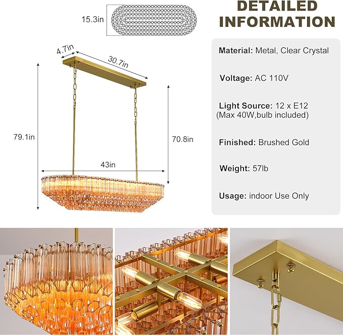 Amber Glass Chandeliers for Dining Room Over Table, 43" Modern Rectangular Dining room Chandelier, Honeycomb Layered Crystal Kitchen Island Long Chandelier Gold Dimmable Ceiling Light for Kitchen