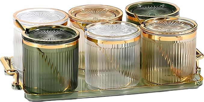 Acrylic Condiment Spice Jars,Condiment Spice Box With Lids and Spoons and Tray,Clear Plastic Condiment Canisters,Seasoning Box 6 Pack,Seasoning Box Set for Kitchen to Storage Salt,Paprika,Sugar