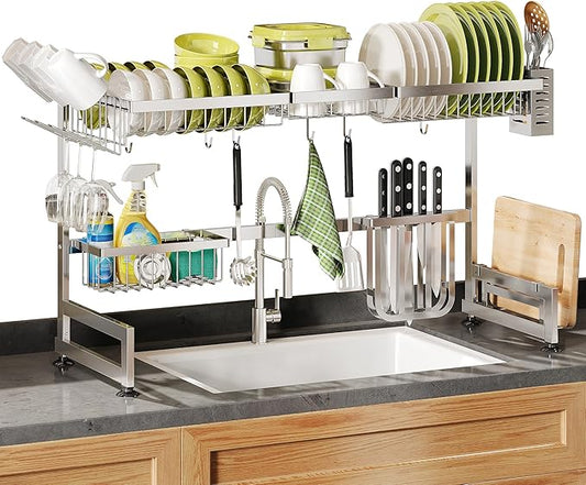 2 Tier Extra Large Stainless Steel Expandable Over The Sink Dish Drainer Drying Rack, Rust Proof Metal, Space Saving, Modern Silver Big Capacity Extendable Plate Strainers Above Kitchen Counter