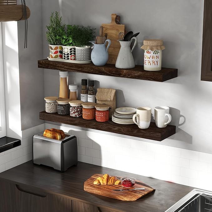 36 Inch Floating Shelves for Wall, Rustic Elm Wood Shelf for Home Decor, Heavy-Duty Wooden Floating Shelves for Kitchen, Wall Mounted Storage Shelves for Bathtoom, Living Room, Walnut Color, Set of 2