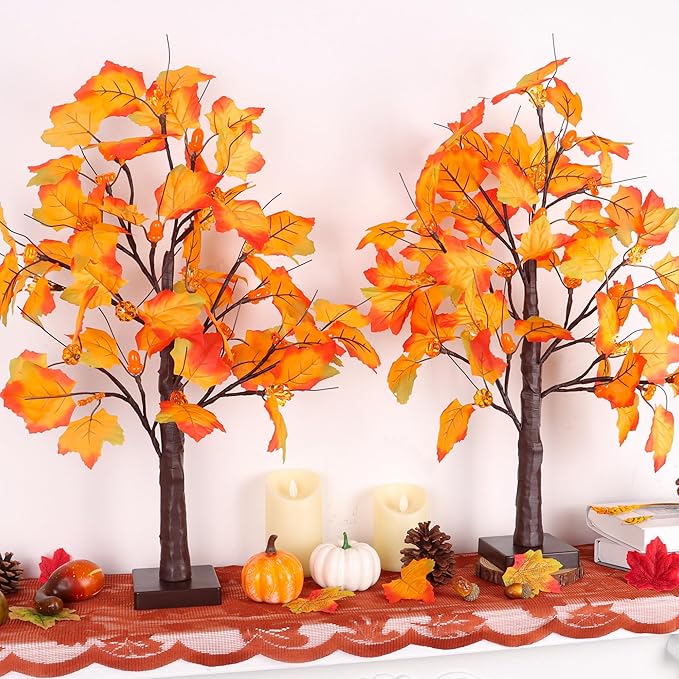 2 Pack 24 Inch Prelit Fall Maple Tree Fall Decor with 48 LED Timer Battery Operated Artificial Fall Light Up Tree Pumpkin Maple Acorn for Fall Thanksgiving Decorations Table Home Indoor Autumn Harvest