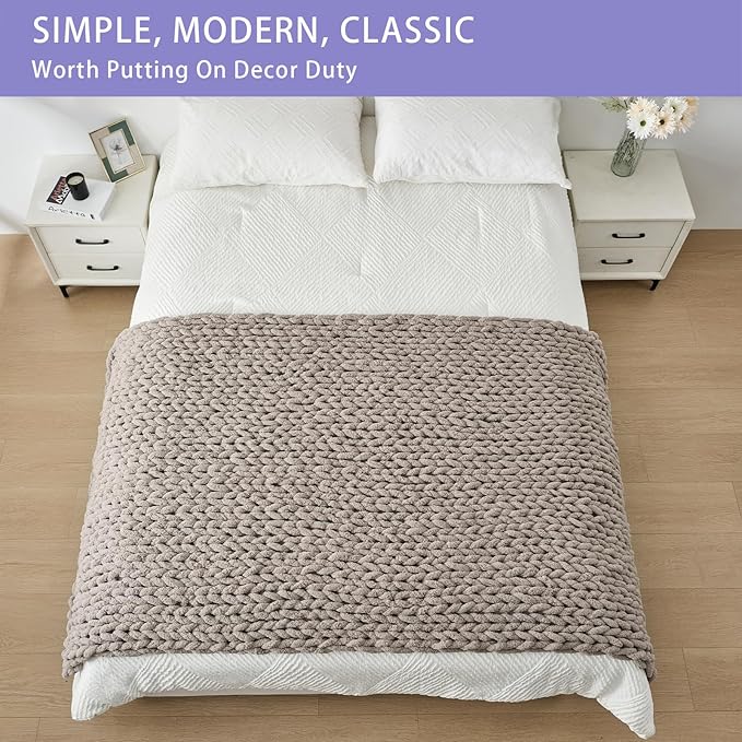 Bigacogo Chunky Knit Throw Blanket for Couch, 40x80 inches, 100% Hand Knitted with Thick Jumbo Chenille Yarn, Cozy Soft Large Rope Knot Cable Crochet Blankets for Sofa Bed Living Room, Taupe