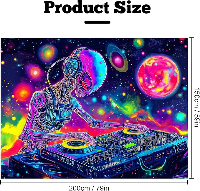 BVBOX Blacklight Space Alien Tapestry 79"x59", UV Reactive Glow in Dark DJ Alien Universe Galaxy Planet Music Tapestries, Black Light Neon Upright Poster Wall Hanging Backdrop Decor for Bedroom Living Room