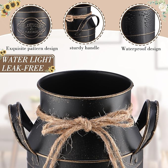 6 Inch Farmhouse Vase Decor Milk Can Vintage Flower Jug Galvanized Metal Vase with Handle Rustic Flower Buckets for Thanksgiving Christmas Table Centerpiece Weddings Gifts(Black,4 Pcs)