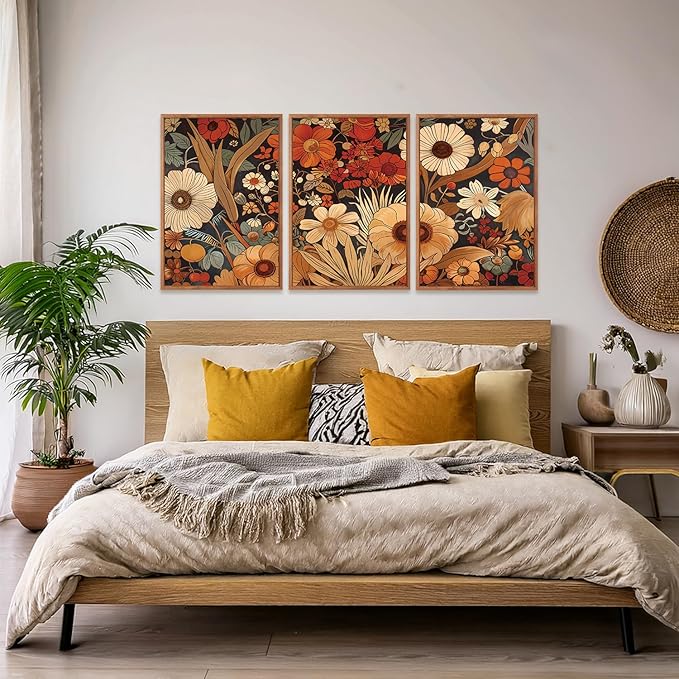 Aurlan Boho Burnt Orange Terracotta Wildflowers Framed Wall Art(16"x24"), 3 PCS Abstract Floral 3D Textured Canvas Artwork, Large Modern Vintage Botanical Nature Art Wall Decor for Home Office Living Room Bedroom