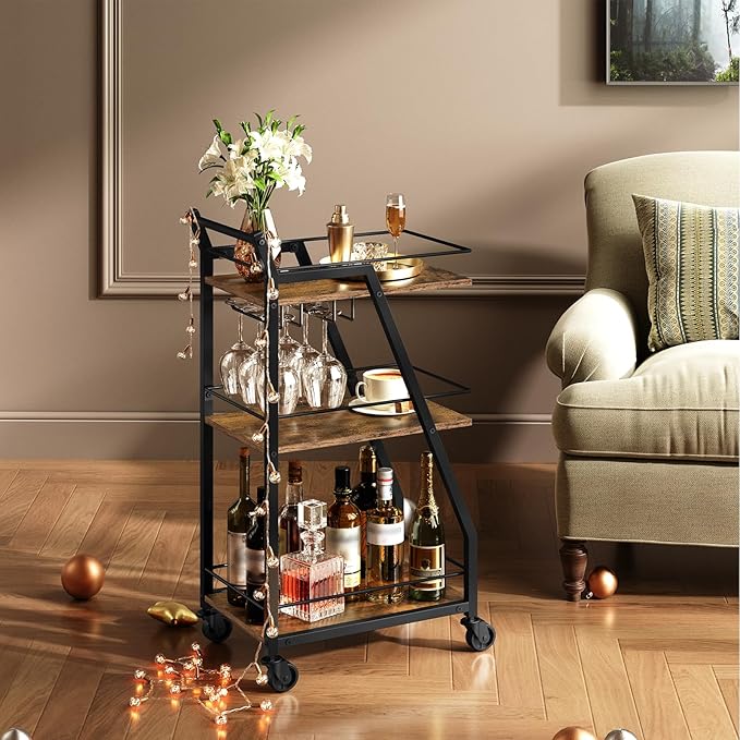 Bar Cart, 3-Tier Bar Cart for The Home, Home Bar Serving Cart with Glass Holders, Beverage Cart for Kitchen, Dining, Party Room, Rustic Brown and Black BC03BR