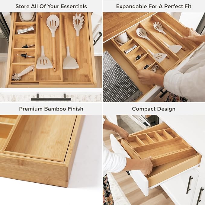 Adjustable Kitchen Drawer Organizer for Utensils and Junk, Food-Safe Contract Grade with 100% Sustainable Wood, Expandable from 10.5 to 19 Inches Wide - Natural Bamboo