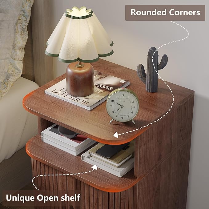 Alohappy Fluted End Table Set of 2, Mid Century Modern Nightstand with Sliding Tambour Door, Curved Round Edge Wood Bedside Table for Bedroom, Side Tables with Storage for Living Room, Walnut