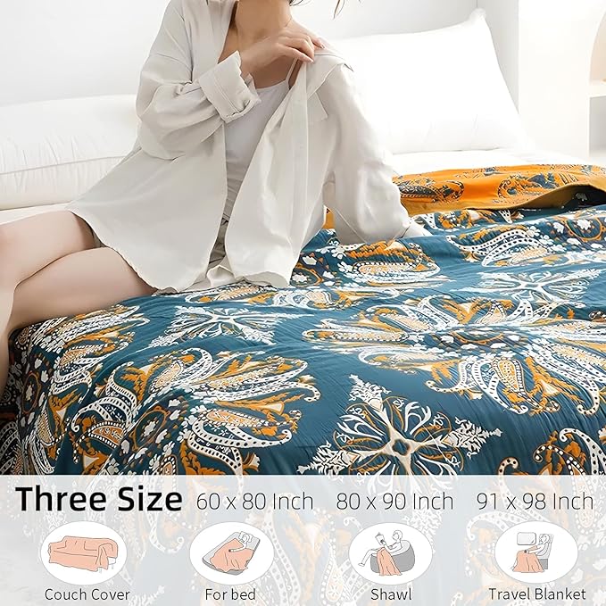 Boho Throw Blanket for Bed - 100% Pure Cotton Ultra Soft Rustic Quilt - Farmhouse Decor Bed Blankets, All Season Rustic Throw for Sofa Couch Chair(80''x 90'', Boho Floral)