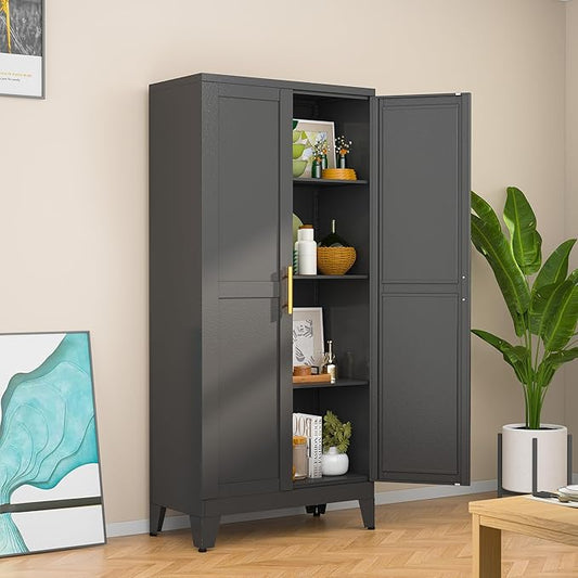 Black Metal Storage Cabinet, 48" Steel Cabinets for Home Office, Kitchen Pantry Storage Cabinet with Doors and 3 Adjustable Shelves, for Office, Home, Garage, School
