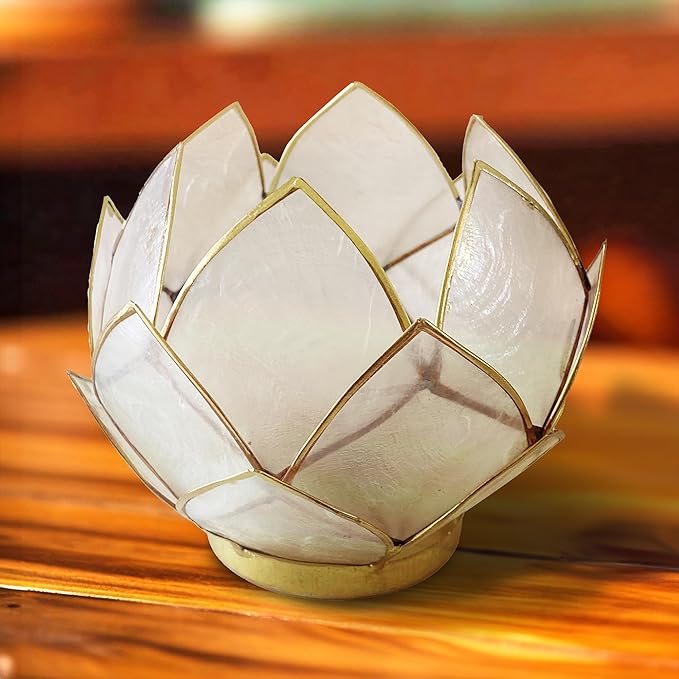 Blooming Lotus Capiz Shell Tealight Candle Holder, Handcrafted Decorative Tea Light Candleholder with Translucent Flower Petals for Ambient Illumination and Natural Elegance, Natural