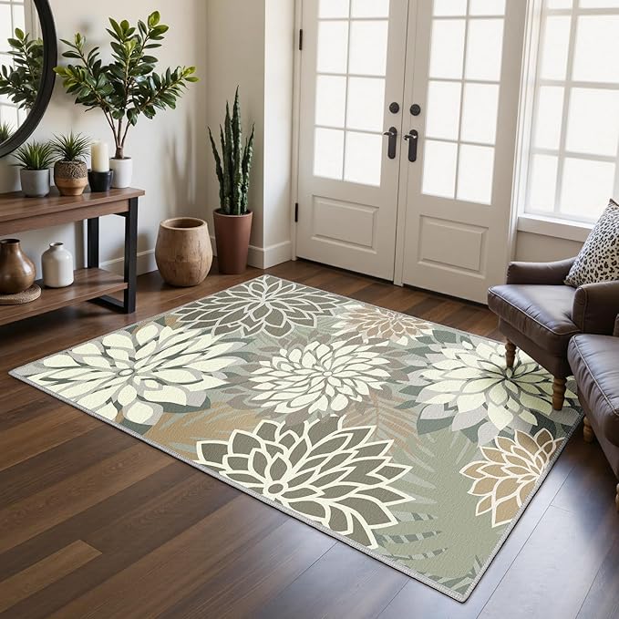 Area Rug 3x5 Brown White Washable Entry Rug Multicolored Tropical Botanical Modern Floral Indoor Kitchen Door Mat Entrance Carpet Non Slip for Bedroom Living Room, Porch