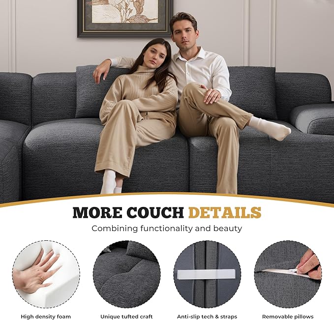 122" Modern L Shaped Modular Sectional Sofa, Boneless Couches for Living Room with Ottoman,4 Seater Convertible Chenille Cloud Couch Sofa Set, No Assembly Required, Grey-Black 1 PCS