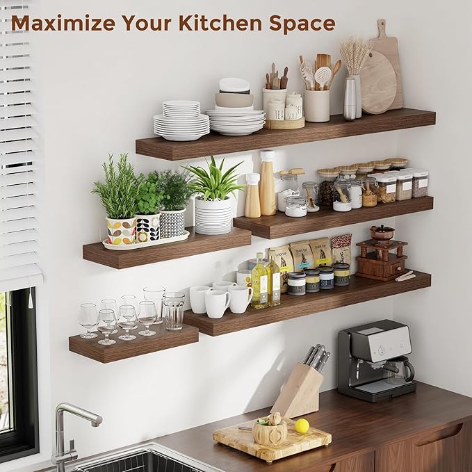 Heimlove 48 Inch Floating Shelves for Wall 8 Inch Deep Walnut Shelves Set of 2,Wall Mounted Rustic Wood Long Floating Shelf，Large Display & Storage Shelf with Invisible Brackets