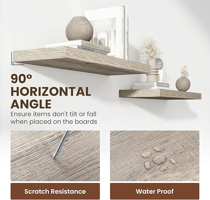 24 Inch Floating Shelves, 11.6 Inch Deep Floating Shelves for Wall, Floating Shelf with Invisible Brackets, Deep Shelves for Bathroom, Bedroom, Living Room, 2 Pack, Vintage Gray Oak