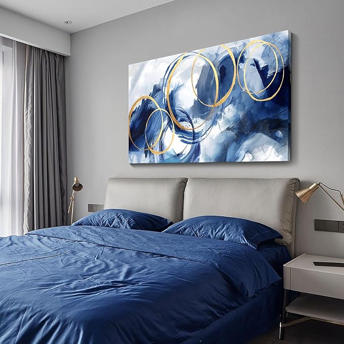AJAZIKO Blue Abstract Wall Art Modern Art Wall Decor Artwork For Walls Living Room Large Painting Size 20x40 Office Pictures For Wall Navy Gold Contempor Decorations For Bedroom