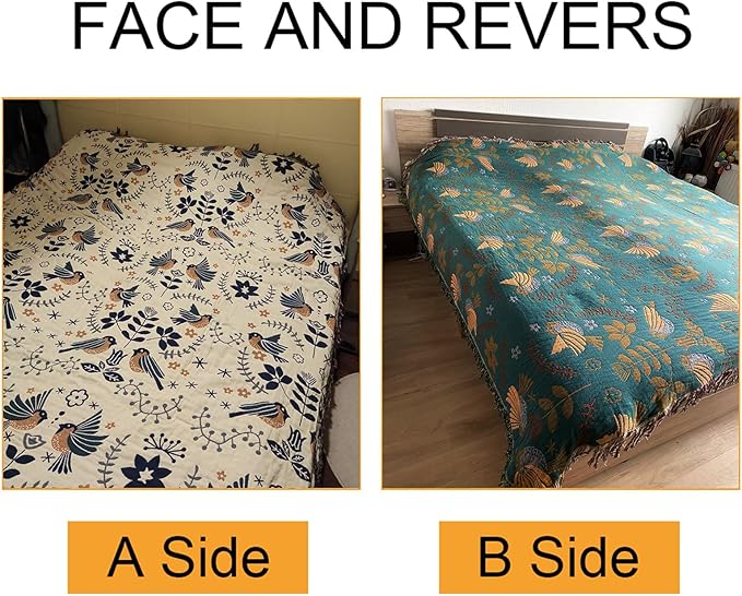 Boho Throw Blanket for Bed Couch 100% Cotton Woven Bed Throws for All Season Lightweight and Soft Cozy Farmhouse Reversible Muslin Decorative Blanket for Travel Picnic, Teal/Cream, 91''x98''