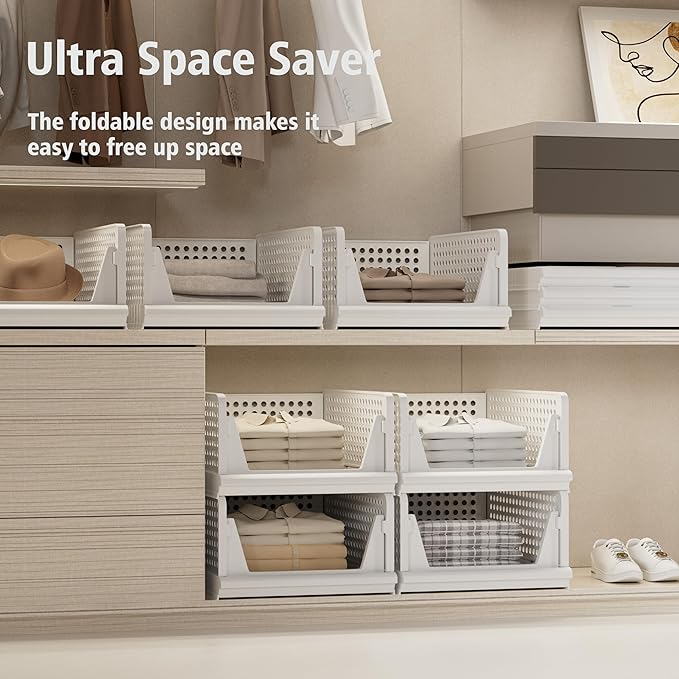 4 Pack Stackable Plastic Storage Basket Closet Organizer Bin Foldable Clothes Organizer Storage Drawer Shelf Container for Living Room Bathroom Kitchen Office (2L+2S)