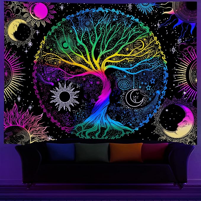 AACKart Blacklight Tapestry for Bedroom - Spiritual Tree of Life Wall Tapestry Glow in the Dark Wall Hanging 90.5 x 70.8 inches