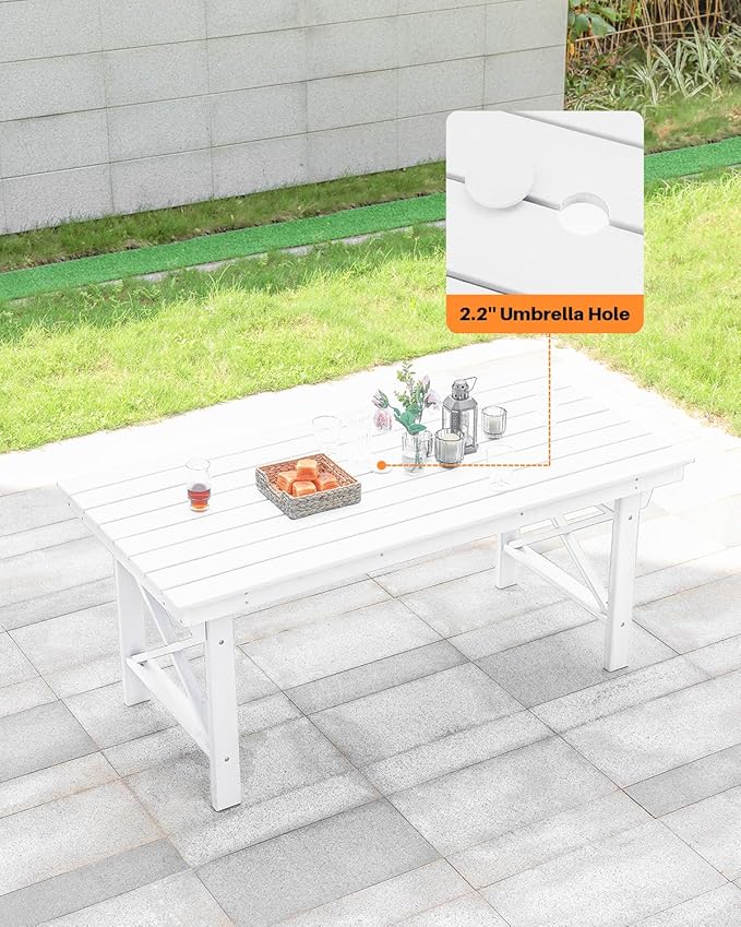 HDPE Outdoor Dining Table, 66.9” Rectangle Patio Dining Table for 6, All-Weather HDPE Outdoor Table with 2.2” Umbrella Hole, HDPE Patio Furniture for Deck, Backyard, Garden, Pool, Pearl