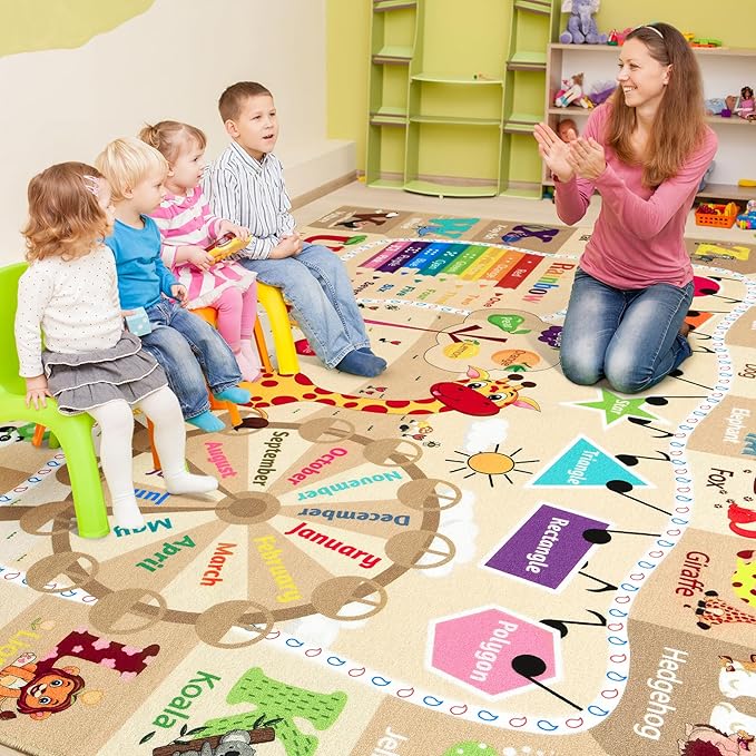 6x9 Playroom Rugs for Kids Washable, Educational and Fun Playmat with ABC Alphabet Animals Shapes Colors, Non-Slip Play Mat Learning Rugs for Baby Toddler Children Game Activity，Beige, Pink