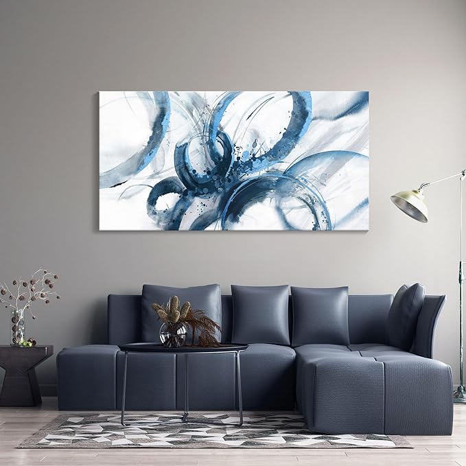 Blue Wall Art Large Pictures for Living Room Abstract Wall Decor Wall Decoration Print Pictures Canvas Framed Artwork Minimalist Paintings for Office Above Bed Wall Decor 24×48in