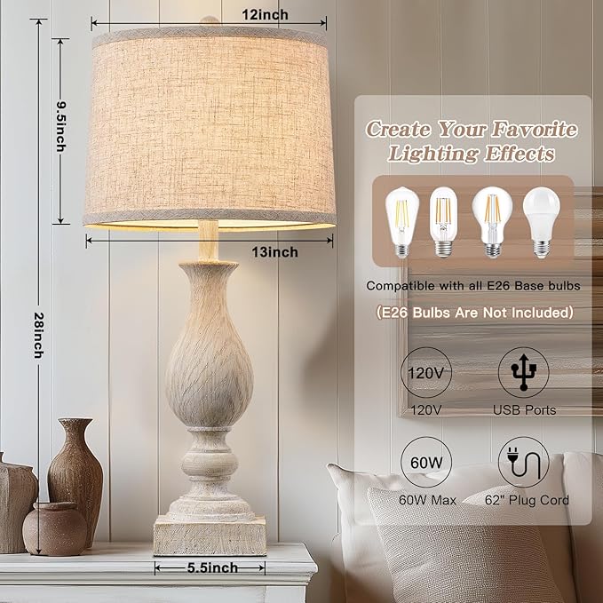 28'' Tall Farmhouse Table Lamps for Living Room, Bedroom Lamps Set of 2 with USB C+A Charging Ports, Rustic Farmhouse Nightstand Lamps for Bedside, Traditional Side Table Lamp with Fabric Shade