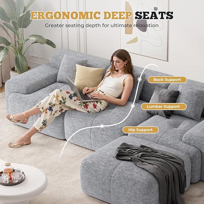 122" Modern L Shaped Modular Sectional Sofa, Boneless Couches for Living Room with Ottoman,4 Seater Convertible Chenille Cloud Couch Sofa Set, No Assembly Required, Light Grey 1 PCS