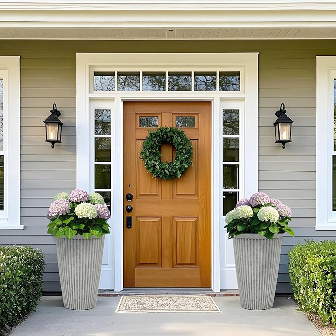 20" Resin Tall Planters for Outdoor Plants, Set of 2 Vintage Gray Large Flower Pots with Handmade Fluted Texture, Heavy-Duty and Weather-Resistant for Year Round Indoor Outdoor use