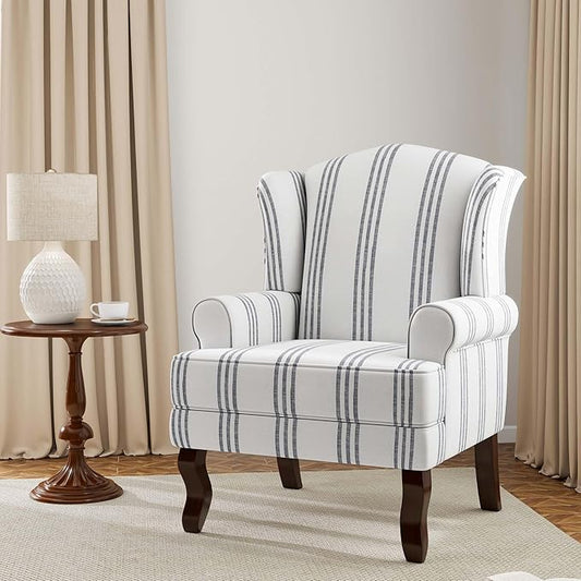 Accent Chair, High Back Upholstered Armchair with High Resilience Sponge & Wood Legs, Mid-Century Modern Comfy Single Sofa Reading Chairs for Living Room, Bedroom (Stripe Navy, Set of 1)