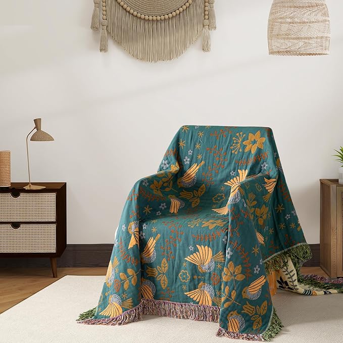 Boho Throw Blanket Twin Size, Soft Cozy Cotton Muslin Quilt Blanket for Bed Decor, Bird Patterned Couch Sofa Chair Cover, Vintage Farmhouse Cottage Tapestry Woven Blanket, Green&Beige