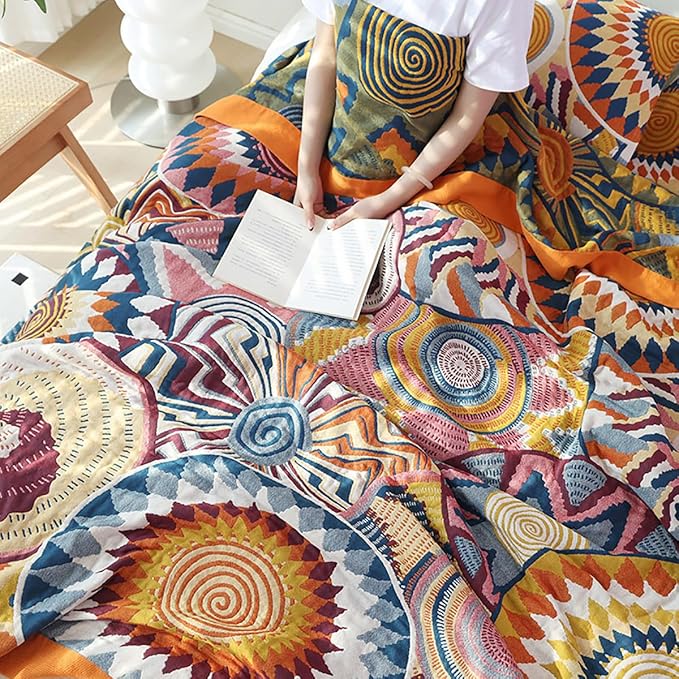 Boho Muslin Blanket for Adults 4-Layer Gauze Twin Size Soft Cozy 100% Cotton Summer Cooling Blanket Floral Decor for Sofa Bed Coverlet Both Sides (Boho Stars, Twin 60 x 80 in)