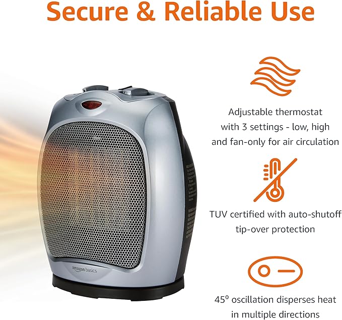 Amazon Basics Oscillating Ceramic Space Heater, Portable Indoor Heating Solution, With Overheat and Tip-Over Protection, Thermostat, 1500W, 7.52"D x 6.34"W x 9.45"H, Silver