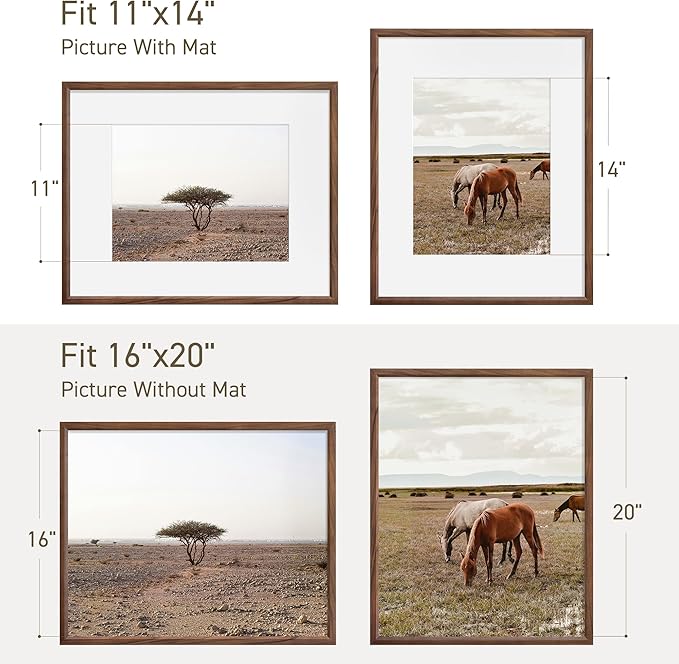 16x20 Picture Frame Set of 4 Natural Solid Walnut Photo Frames with 11x14 Removable Mat Wall Hanging Large Handcrafted Frame with HD Plexiglass Wall and Tabletop Display Large Poster Frame