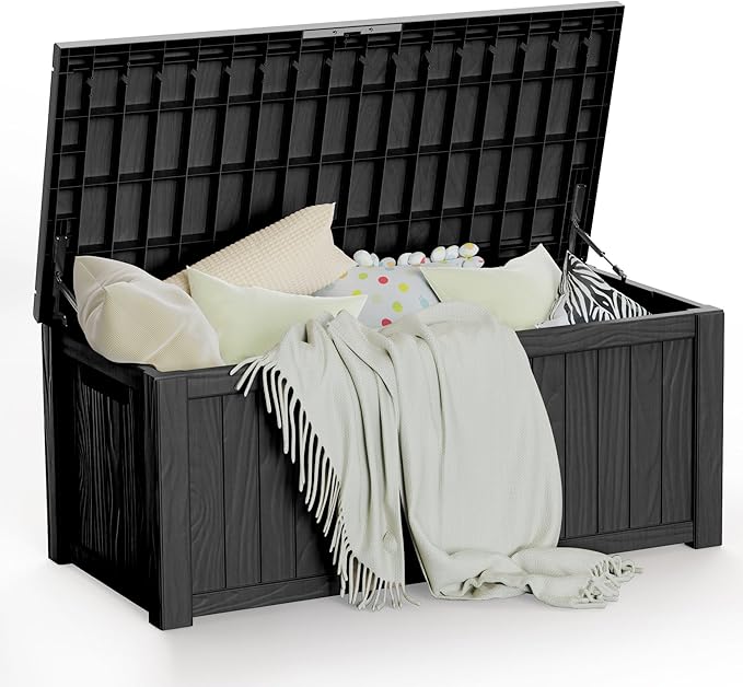 120 Gallon Patio Storage Box, Large Outside Storage Bin for Patio Furniture Covers, Cushion Pillows, Waterproof Outdoor Storage Bench for Towels, Garden Tools and Pool Accessories, Black