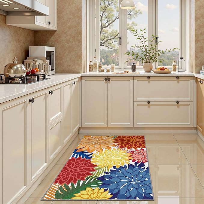 Area Rug 2x3 Washable Entry Small Rug Multicolored Tropical Botanical Modern Floral Indoor Kitchen Door Mat Entrance Carpet Non Slip for Bedroom Living Room, Porch