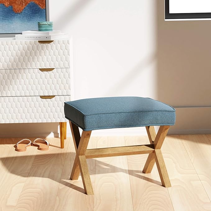 Amazon Basics Small Ottoman Foot Rest, Mid-Century Modern X Square Polyester Foot Stool, Indigo Blue, 20"W x 18"D x 18"H (Previously Rivet Brand)