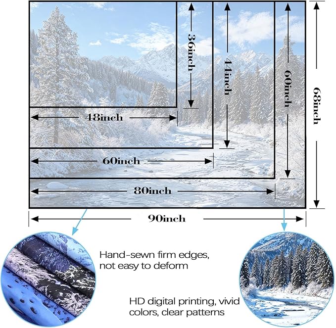 AMM Winter Forest Snow Mountain Tapestry Snowy Pine Tree Woodland Tapestry for Bedroom Aesthetic White Clouds Flowing River Landscape Tapestries Wall Hanging for Living Room Dorm Office 80 x 60 Inch