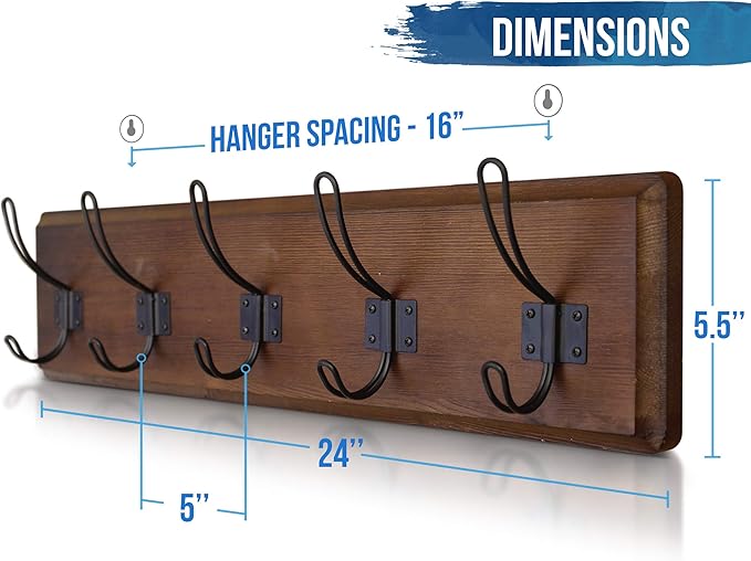 HBCY Creations Dark Wash Brown Rustic Coat Rack Wall Mount with 5 Hooks, Solid Pine Wood 24 inch Wall Hooks for Entryway, Mudroom, Hallway, Bathroom - Vintage Farmhouse Style Wall Mounted Towel Rack