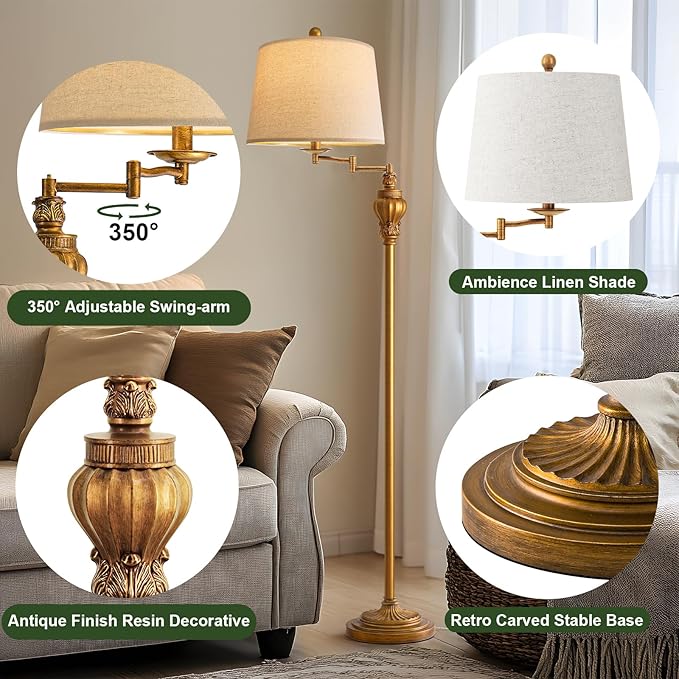 61" Vintage Floor Lamp with 350° Adjustable Swing Arm, Gold Standing Lamp for Bedroom Living Room Nightstand Bedside Retro Farmhouse Mid Century Lamp Light Home Décor Office Gifts