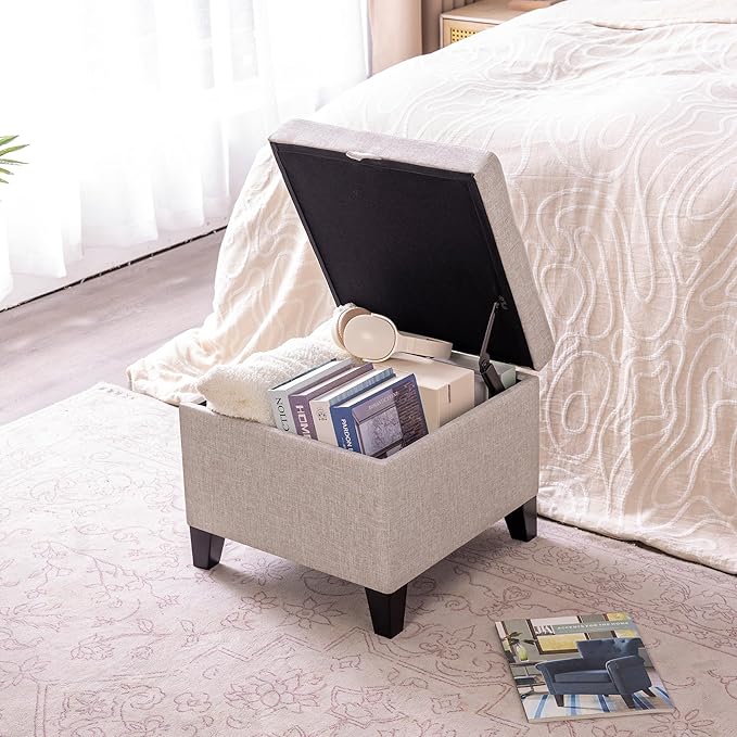 Adeco 18 Inch High Cube Ottoman Storage, Linen Chair Foot Stools, Upholstered Vanity Stool with Hinged Lid, Solid Wood Legs (Beige Grey)