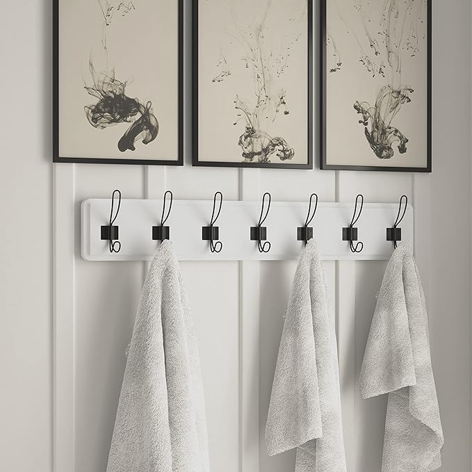 HBCY Creations White Solid Wood Wall Mounted Coat Rack with Shelf, 7 Hooks, 34" Long - Kitchen, Mudroom, Entryway, Bathroom - Includes Mounting Hardware, Coat Hanger, Dog Leash Hooks, Towel Rack