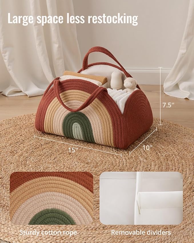 Blissful Diary Baby Diaper Caddy Organizer, Cotton Rope Diaper Caddy Basket, Large Storage Basket, Gift for Baby Shower, Newborn Essentials, Rustic Rainbow